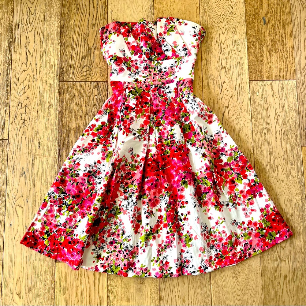 David Meister Cocktail Wedding Guest Dress Floral Strapless Fit & Flare Sz 6 EUC
